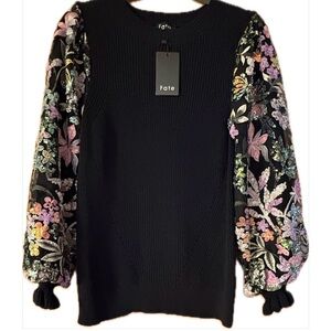 NWT!!! Fate Black Knit Sweater with Vibrant Floral Sleeves